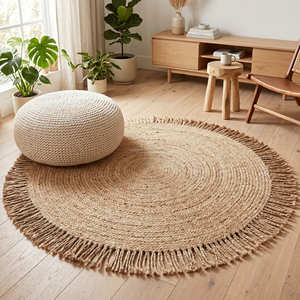 150 cm <b>Round</b> Jute Rug with Black Tassel Border, Handwoven Braided Circular Floor Rug - Product Image 5