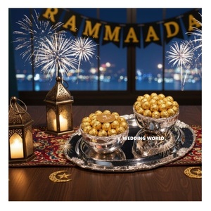 Plateau à chocolat ovale en métal avec deux bols, finition nickel brillant, décoration de table pour le Ramadan, bol à chocolat en métal de luxe - Product Image 1