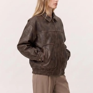 Women's Oversized Brown Leather <b>Jacket</b>, 80s Distressed <b>Bomber</b>, <b>Vintage</b> Real Leather <b>Jacket</b> - Product Image 3