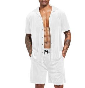 Ensemble court 2 pièces pour homme, en velours 100% laine, blanc, pour la gym et l'entraînement, avec boutons, coupe ajustée, respirant, personnalisable, idéal pour l'été - Product Image 1