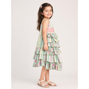 Robe d'été légère sans manches en mousseline imprimée à volants superposés pour filles de 0 à 6 mois, vert olive et rose - Product Image 4