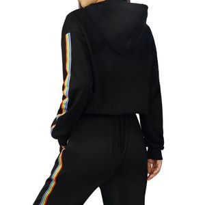 INDEX Women <b>Black</b> <b>Cropped</b> Hoodie <b>Long</b> <b>Sleeve</b> Rainbow Stripes Casual Sweatshirt Autumn Wear - Product Image 5