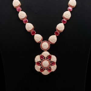 Conjunto de Collar de Perlas y Rubíes Tradicionales, Chapado en Oro de 22K, Joyería Nupcial Elegante para Mujer, Collar Ajustable - Product Image 3