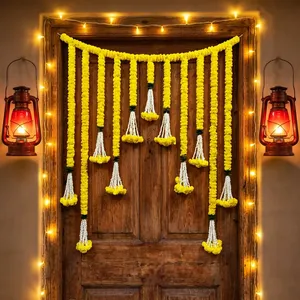 Traditional Yellow Marigold Flower Toran with Pearl Tassel Hangings for Wedding Festival <b>Home</b> Entrance Wall Decoration - Product Image 2