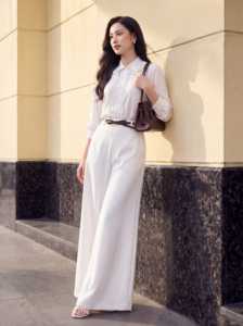 กางเกงขายาวทรงขาบานเอวสูงสีขาวสำหรับผู้หญิง ดีไซน์ทันสมัย ผ้าสแปนเด็กซ์/โพลีเอสเตอร์ ยับยาก ซิปหน้า - Product Image 4