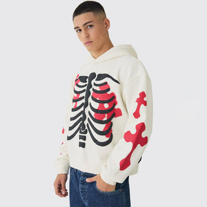 Sudadera con capucha extragrande de algodón 100% con estampado de esqueleto para hombre, personalizada, talla grande, para Halloween, ropa de invierno, venta al por mayor - Product Image 1