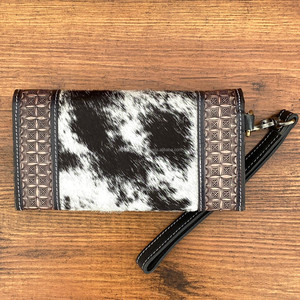 Célèbre marque Designer à la main en cuir repoussé femmes embrayage cheveux sur peau de vache argent porte-cartes de crédit Western Floral bracelet portefeuilles - Product Image 3