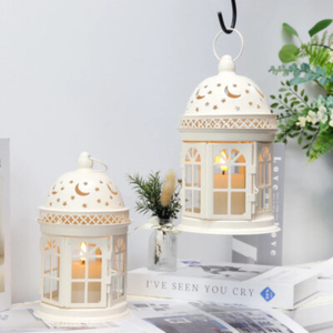 Lanterne à bougie en métal blanc avec découpes de lune croissante et d'étoiles, forme circulaire, pour la décoration de la maison, Ramadan, Eid. - Product Image 3