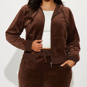 Conjunto de 2 Piezas de Chándal con Capucha y Cremallera de Terciopelo Marrón Transpirable para Mujer, Conjunto Deportivo Informal de Otoño, Conjunto de Terciopelo Combinado Más Vendido - Product Image 4