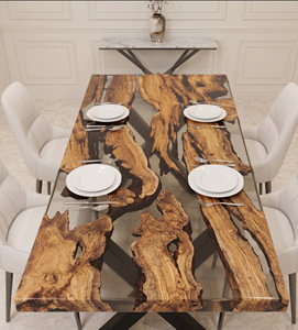 Table à manger rectangulaire moderne en résine avec bord naturel, design grain de bois fait main, 4 places, pieds en métal, durable, mobilier de maison et de commerce, Global - Product Image 2