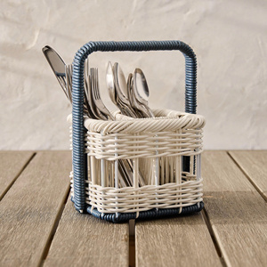 Panier à couverts en rotin bleu de qualité supérieure, fait main, pour la table à manger, rangement de la cuisine, organisateur de couverts, écologique - Product Image 1