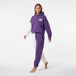Ensemble de survêtement deux pièces à capuche pour femme, bicolore violet et blanc, en coton épais personnalisé, décontracté, à manches longues, coupe ample, pour usage quotidien - Product Image 3