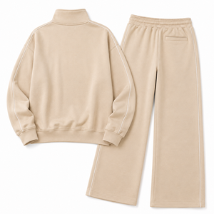 Ensemble de survêtement personnalisé pour femme : Pull zippé à quart de tour et pantalon à jambe large avec passepoil contrastant, en molleton doux, style athleisure décontracté, marque privée - Product Image 4