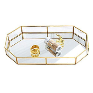 Plateau décoratif octogonal moderne en verre miroir avec cadre en métal doré pour parfums, bijoux et rangement de décoration intérieure – En promotion - Product Image 5