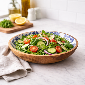 Juego de vajilla de madera de mango tallada a mano, ecológica, con acabado brillante en azul acuarela, tazón poco profundo de 14 pulgadas. - Product Image 6