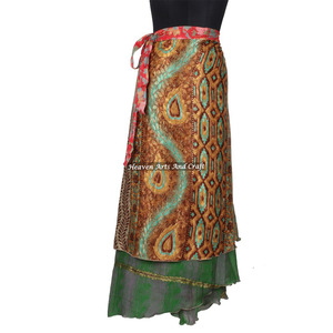 Beach Bohemian Two Layer Reversible <b>Wrap</b> <b>Skirt</b> with Natural Waist Summer Silk Saree for Women - Product Image 4