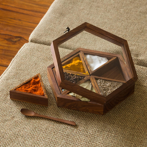 Boîte à épices en bois avec couvercle, organisateur à 7 compartiments, boîte à épices ronde en bois avec cuillère - Product Image 6