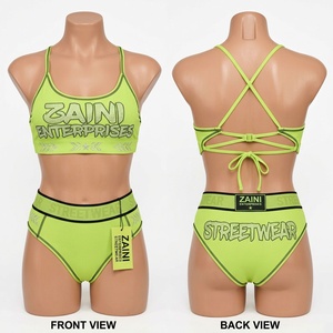 Conjunto de Bikini Premium para Mujer, en Nylon y Spandex Acanalado de 220 GSM, Color Verde Lima, Ajuste Elástico, con Logotipo de Pedrería y Espalda con Tirantes, Dos Piezas - Product Image 1
