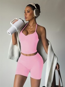 Women 2 Pcs Yoga Suit Halter Ruched Tank <b>Top</b> and <b>Cross</b> Front Shorts Set Seamless Workout Leggings Biker Short Gym Activewear Set - Product Image 3