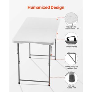 4 Ft Heavy-Duty Folding <b>Table</b> Portable Fold-in-Half Utility Indoor <b>Outdoor</b> Rectangle <b>Plastic</b> Adjustable Height - Product Image 2