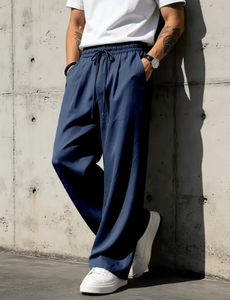 Pantalones Anchos Azul Marino para Hombre, Cintura Elástica con Cordón, Pantalones Casuales Holgados con Bolsillos Laterales - Product Image 3