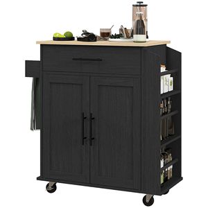 Isola Cucina Portatile Moderna in Legno Nero con Vano Portaoggetti, Caricatore e Cassetto Porta Spezie, Carrello da Cucina Mobile per Casa - Product Image 1
