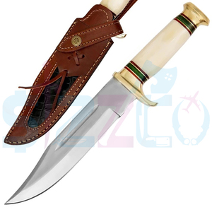 Cuchillo Bowie de Caza de Hoja Fija de Acero de Damasco Hecho a Mano con Hueso de Camello, Funda de Latón y Cuero, Regalo Ideal - Product Image 6