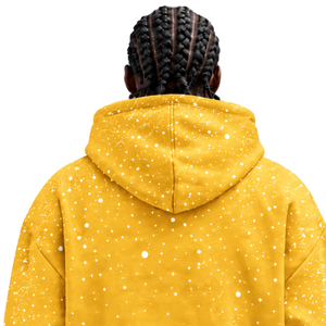 Mustard Yellow <b>White</b> Speckled Print <b>Men</b> Hoodie Heavyweight Pullover <b>Sweatshirt</b> Drawstring Hood Kangaroo Pocket Casual Streetwear - Product Image 4