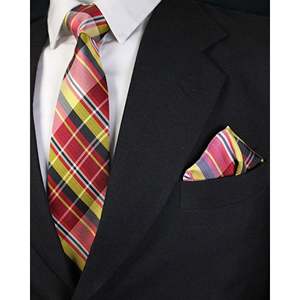 Cravate Benon Rouge Jaune Tartan Plaid Cravate Ensemble pour Vêtements de Mariage - Product Image 2