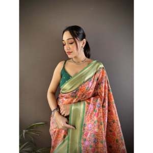 Sari Paithani de Seda Lichi Pura Banarasi para Vestir de Noche - Product Image 1
