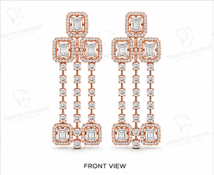 Elegantes pendientes de lujo con borlas, elaborados en oro rosa de 18K de primera calidad, con diamantes de corte esmeralda rodeados por un halo de micro pavé. - Product Image 3