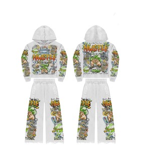 Custom <b>Patch</b> Embroidery Logo 500gsm 100% Cotton Winter Knitted Streetwear Breathable Rhinestone Distressed <b>Patch</b> Men's Sweatsuit - Product Image 5