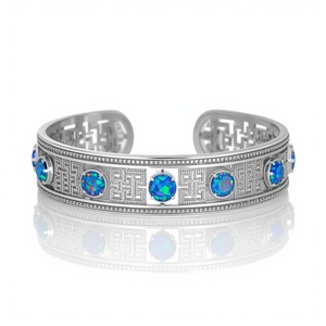 925 Sterling <b>Silver</b> Bangle Fine Jewelry Wholesale <b>Silver</b> Jewelry Supplier Textured Blue Fire Opal Open <b>Cuff</b> <b>Bracelets</b> for Women - Product Image 1