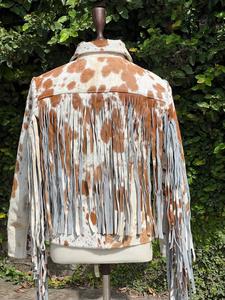 Women's Genuine Cowhide Hair On Leather Fringe <b>Jacket</b> Western Cowboy Cow Print <b>Zip</b> <b>Up</b> Biker Fashion Coat OEM ODM - Product Image 2