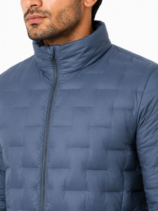Livster <b>Mens</b> <b>Blue</b> Breathable Canvas Quilted Puffer Jacket High Stand Collar Full Front Zipper Closure Modern Horizontal Channel - Product Image 4