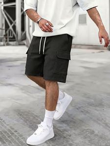 Men's Beige Waffle Weave Cargo Shorts Mid Waist Drawstring Casual Bermuda Style Solid Color Cotton Shorts - Product Image 1