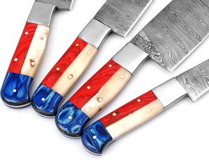Ensemble de 4 couteaux de chef en acier Damas pour cuisine, avec manches en bois d'olivier, lames à bord dentelé pour droitiers - Product Image 4