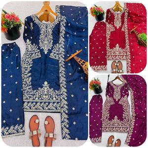 Pure GMY Silk Embroidered <b>Kurti</b> with Heavy Sequence Work Full Sleeves Matching Fully Stitched Plazzo and Lace Border Dupatta Set - Product Image 2