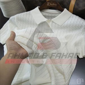 Polo en maille torsadée pour homme, mélange lyocell et lin, motif pointelle rayé, coupe ajustée asiatique, hauts décontractés d'été – Vente en gros - Product Image 1