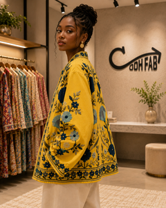 Abrigo de punto floral Suzani amarillo bordado de algodón de secado rápido para mujer, talla grande, sin costuras, con cuello alto, informal, para otoño e invierno - Product Image 2