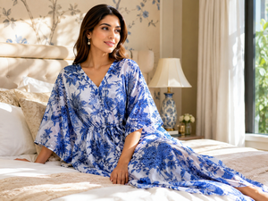 Palm Tree Cotton Kaftan Maxi Dress for Women <b>Long</b> <b>Nightdress</b> Summer Resort Wear Loungewear Gown with Drawstring Waist - Product Image 2