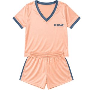 Conjunto de Pijama de Satén Color Durazno para Mujer, Cuello en V, Manga Corta, Top y Pantalones Cortos, Bordado de Oso, Ropa de Dormir Suave, Personalizable OEM ODM - Product Image 1