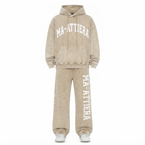 Conjunto de Sudadera con Capucha Oversize Beige Lavado y Pantalones Anchos de Felpa para Mujer, Chándal de Algodón Estilo Urbano OEM ODM - Product Image 4