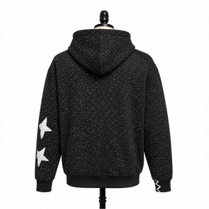Custom <b>Black</b> Pullover Hoodie White Star Sleeve Zipper Front Fleece Unisex Breathable Regular Fit Streetwear Kangaroo <b>Sweatshirt</b> - Product Image 4