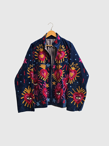 Chaqueta de Terciopelo con Bordado Floral de Manga Larga y Cuello Mao para Mujer, Talla Grande, Ropa de Otoño - Product Image 3