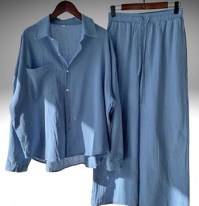 Women's Solid Linen 2-Piece Set Long Shirt & Wide Leg <b>Pants</b> Loose Fit Casual Spring Summer Breathable Turn-<b>Down</b> Collar - Product Image 3