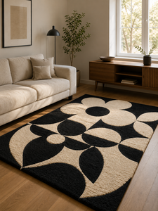 Tapis en laine tufté à la main pour salon, motif rétro marguerite géométrique noir crème, style scandinave années 70, design personnalisé - Product Image 6