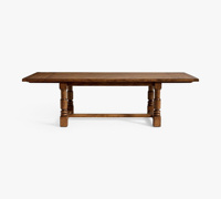 Table à manger rustique en bois, plateau rectangulaire antique avec pieds tournés et base stable