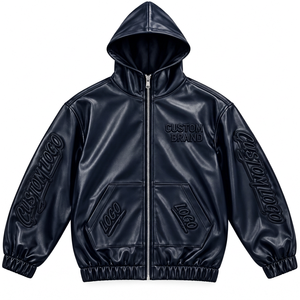 Chaqueta con Capucha de Cuero Sintético Personalizada para Hombre, Cierre Completo, Mangas con Diseño Gráfico, Ropa Urbana de Moda - Product Image 3