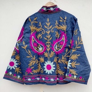 Indian Women's Breathable Reversible Quilted <b>Velvet</b> <b>Jacket</b> with Floral Embroidery 100% Cotton Suzani Party Wear - Product Image 6